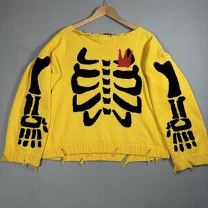 Charles Jeffrey Loverboy Skeleton Crown Knit Sweater Yellow Distressed Sz M